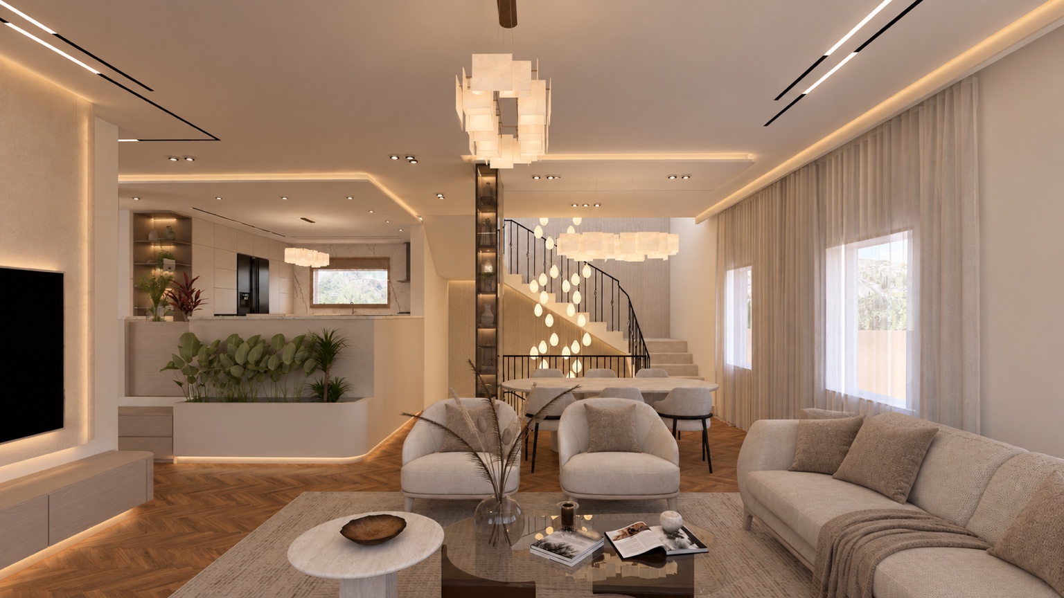 تصميم صالون ومطبخ مفتوح